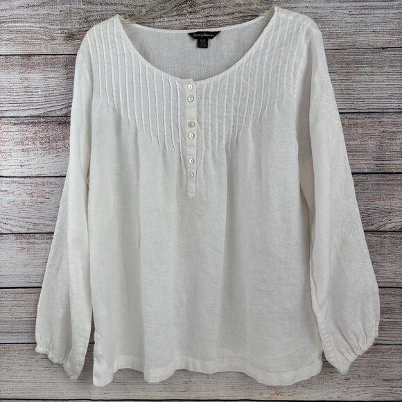 Tommy Bahama Linen Blouse White Embroidered Pintuck Popover Large - Picture 1 of 9